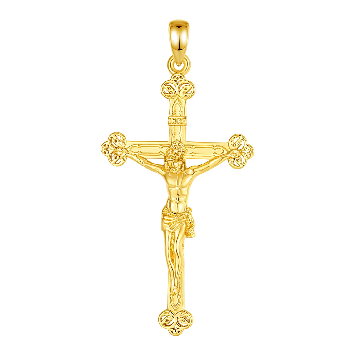18K gold-plated sterling silver crucifix pendant with a polished bail and open three-lobed ends