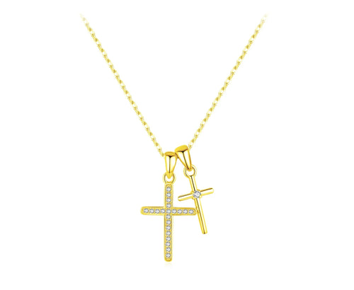 Gold-tone double cross necklace with a CZ-lined larger cross and a smaller center-stone cross