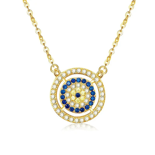 Gold-tone double halo evil eye necklace with clear outer stones, deep-blue inner ring and mixed center