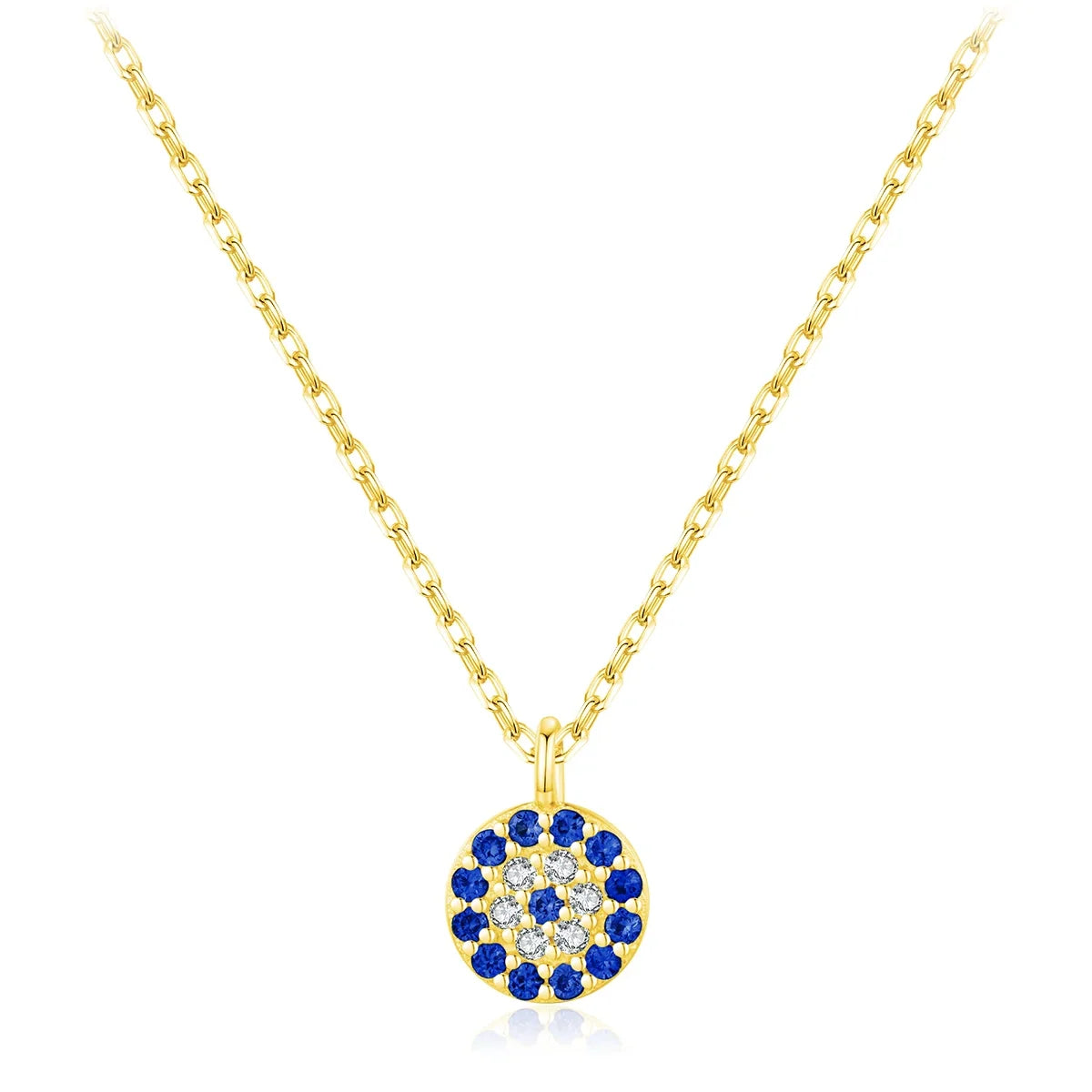 Gold-tone crystal evil eye necklace with a round pendant of blue and clear stones on a white background