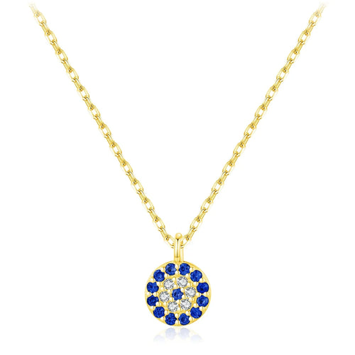 Gold-tone crystal evil eye necklace with a round pendant of blue and clear stones on a white background
