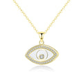 Gold-tone evil eye necklace with a polished inner outline and clear CZ stone border on white