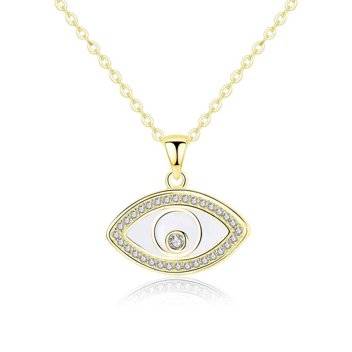 Gold-tone evil eye necklace with a polished inner outline and clear CZ stone border on white