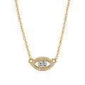 Gold-tone evil eye necklace with a round moissanite center and clear stone border