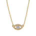 Gold-tone evil eye necklace with a round moissanite center and clear stone border