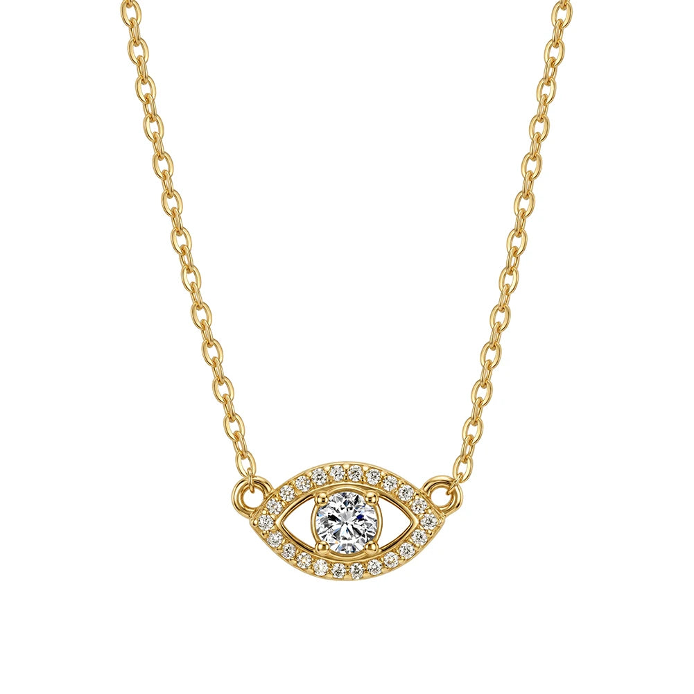 Gold-tone evil eye necklace with a round moissanite center and clear stone border