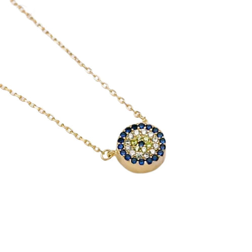 Gold-tone flower evil eye necklace with blue outer CZ stones and a yellow flower center on white