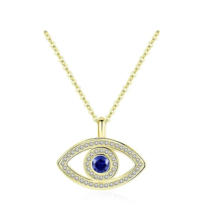Halo evil eye necklace with blue stone and sparkling outline in a gold-tone finish on white