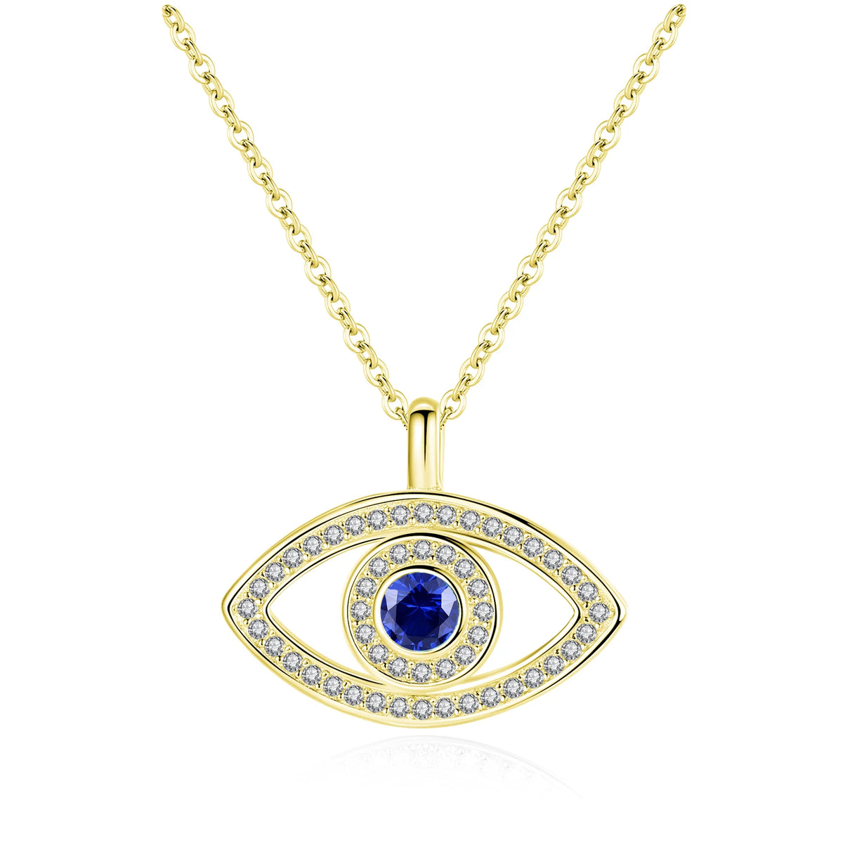 Gold-tone halo evil eye necklace with a blue center stone and clear CZ stone outline on white
