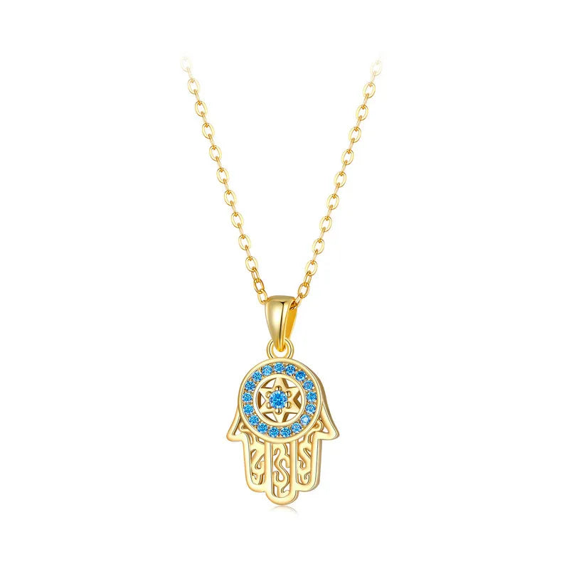 Halo hamsa hand necklace in gold-tone with blue CZ stones and a six-pointed star center on white