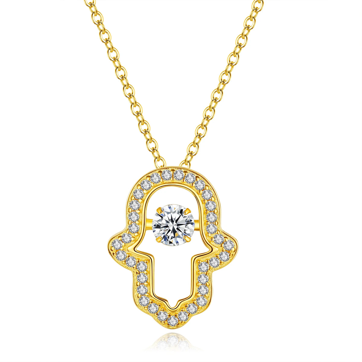 Gold-tone open hamsa hand necklace with clear CZ stone outline and round center stone on white