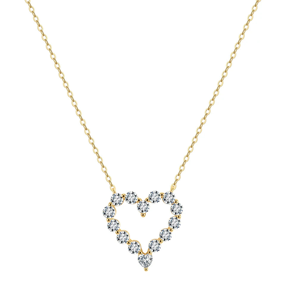 Gold-tone hollow heart necklace in 925 sterling silver with moissanite on white