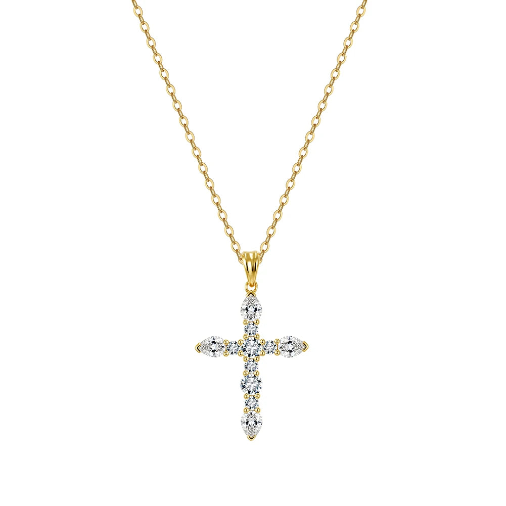 Gold-tone marquise cross necklace with clear moissanite stones on a white background