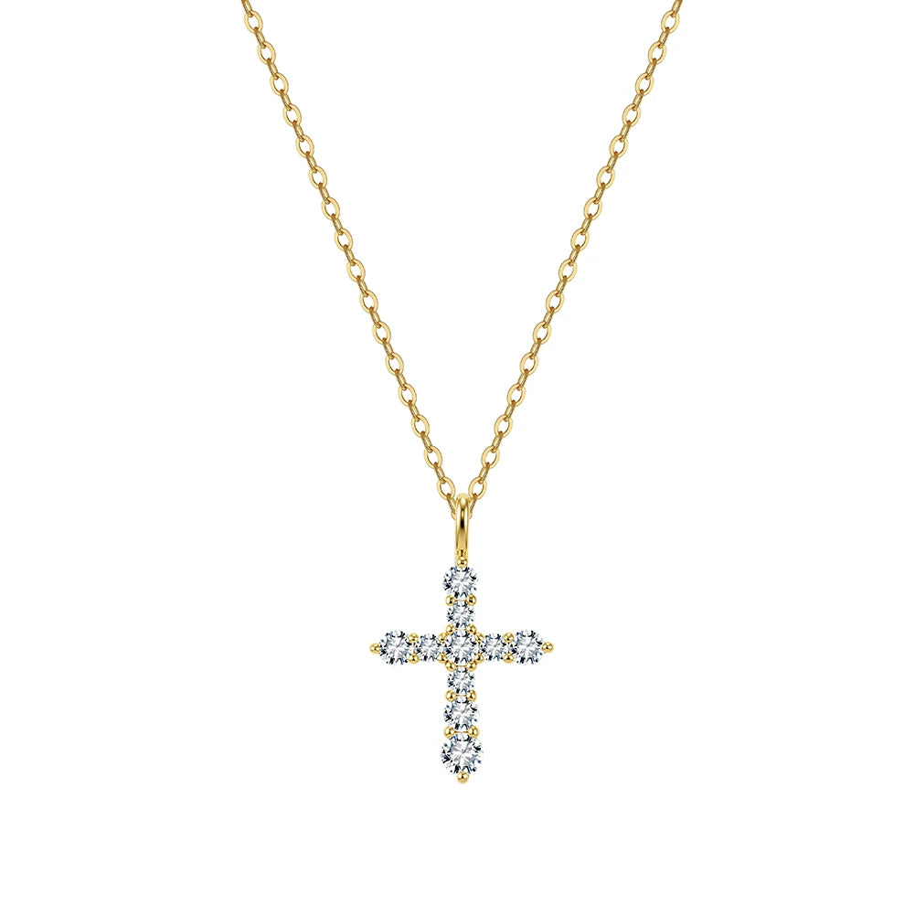 Gold-tone cross necklace with round moissanite stones on a white background