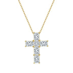 Gold-tone moissanite cross necklace with six clear stones and corner prongs on a white background