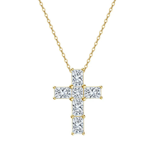 Gold-tone moissanite cross necklace with six clear stones and corner prongs on a white background