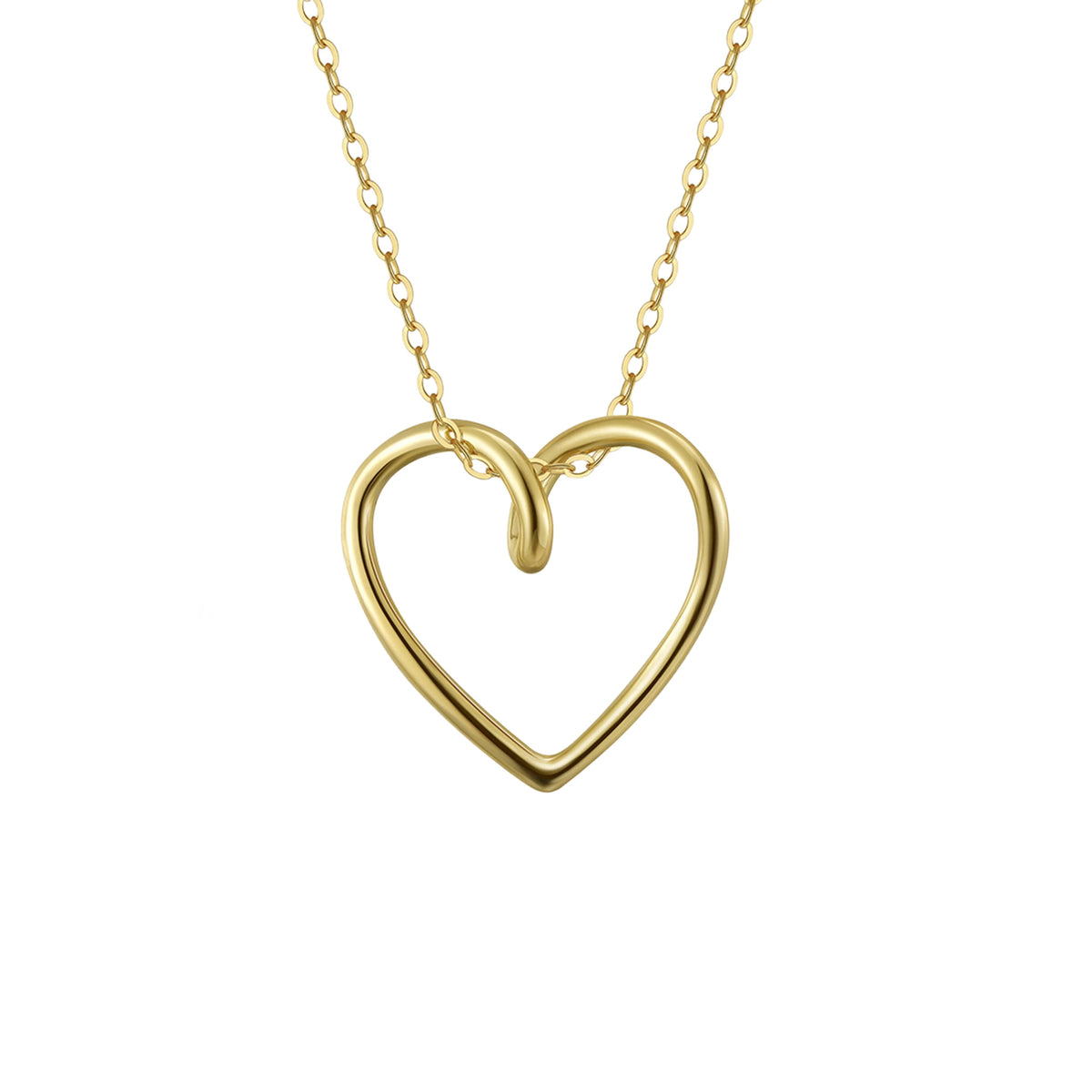 Gold-tone open heart necklace with rounded crossed top and fine oval-link chain on white