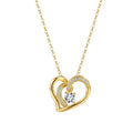 Gold-tone overlapping heart necklace with polished curves, clear accent stones, and center moissanite on white