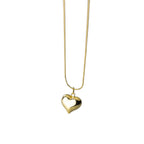 Gold-tone puffed heart pendant hanging from a slim smooth chain on a white background