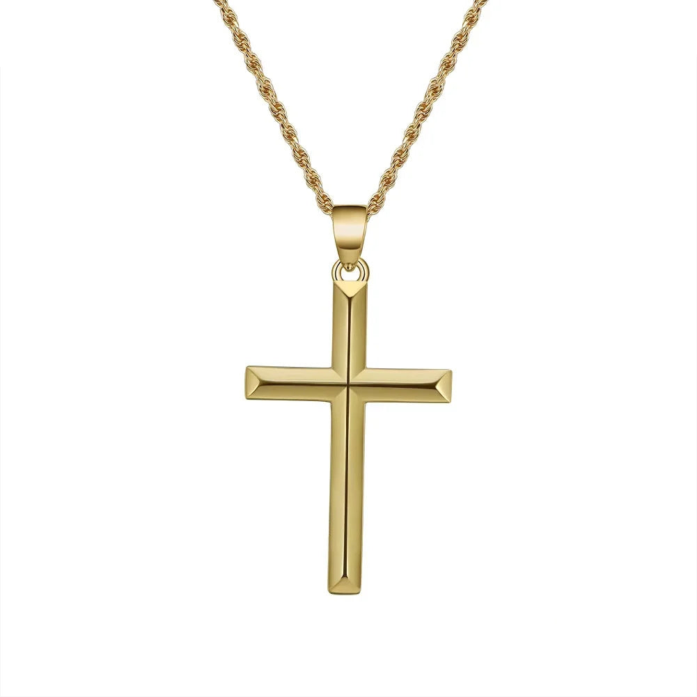 Gold-tone cross necklace with twisted rope chain on a white background