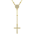Gold-tone rosary drop necklace with a round CZ center and slim sparkling cross on white