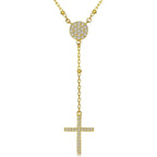 Gold-tone rosary drop necklace with a round CZ center and slim sparkling cross on white