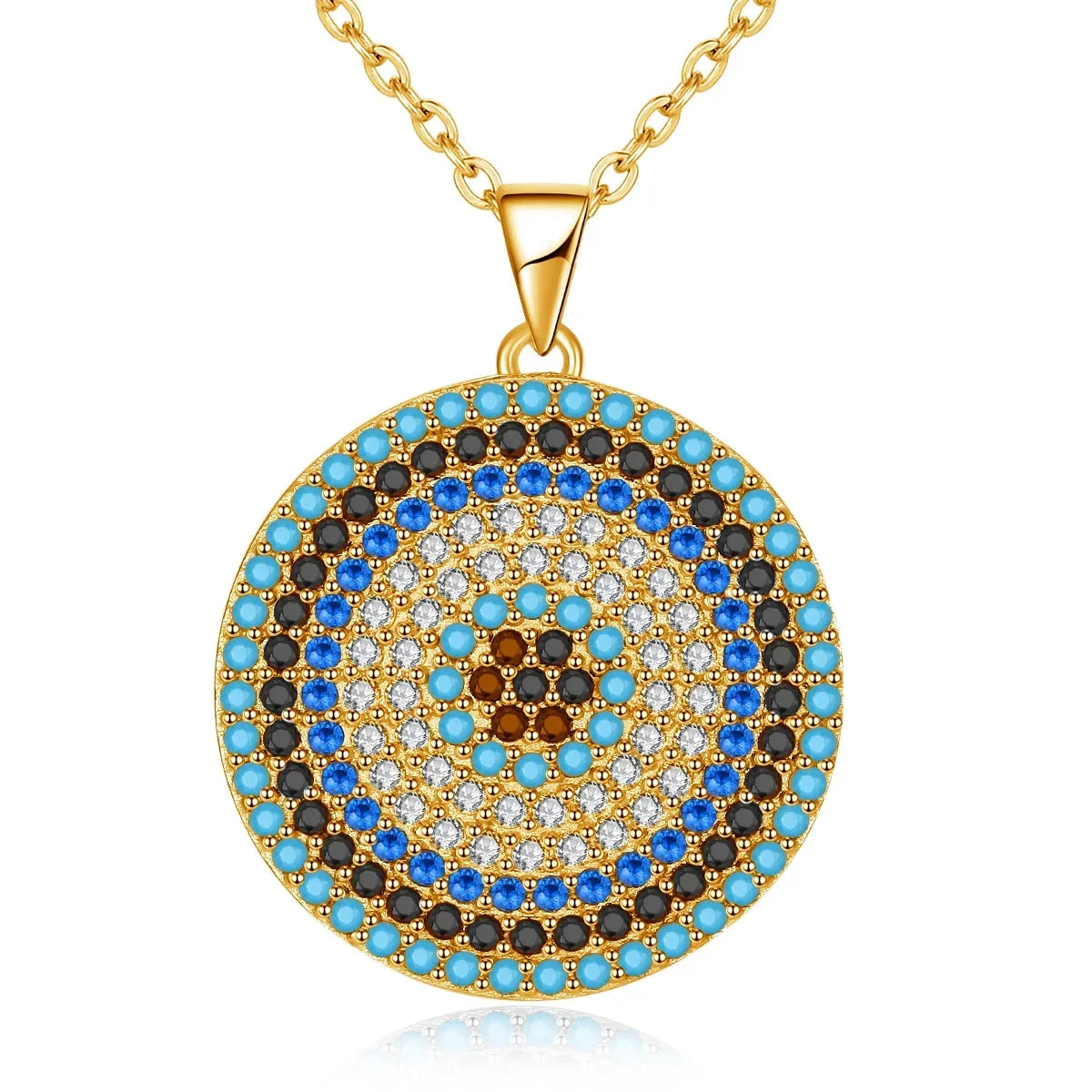 Gold-Tone evil eye necklace on white with a round pendant set in colorful concentric stone rings