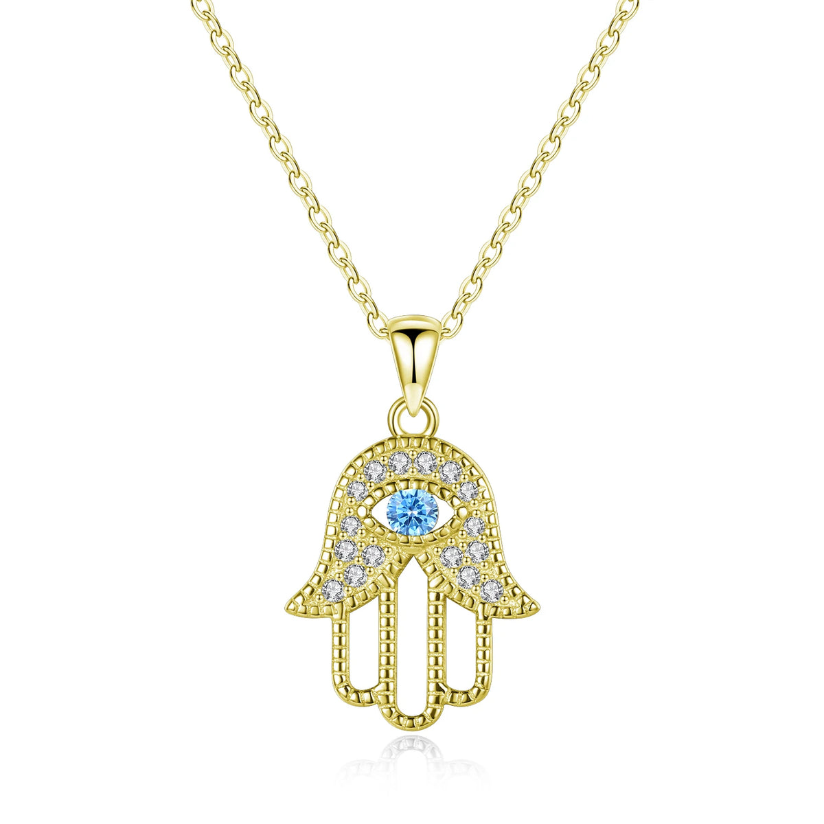 Gold-Tone hamsa pendant necklace with a blue evil eye, openwork fingers, and clear CZ stones