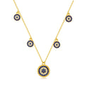 Gold-tone 925 sterling silver necklace with four small evil eyes and a larger beaded blue CZ center eye