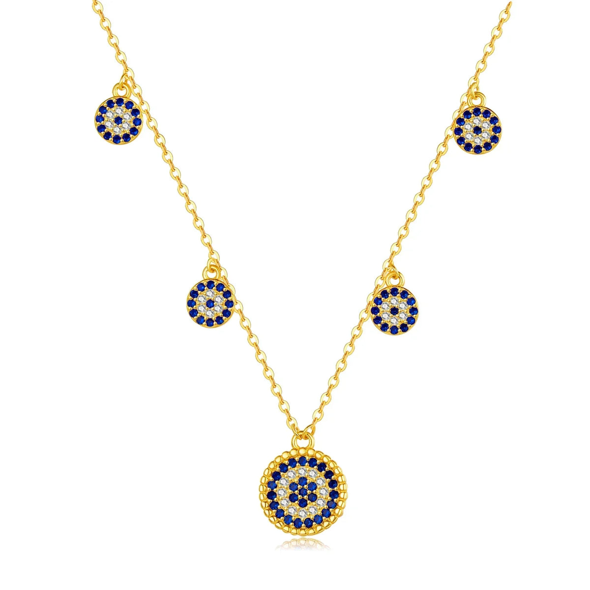 Gold-tone 925 sterling silver necklace with four small evil eyes and a larger beaded blue CZ center eye