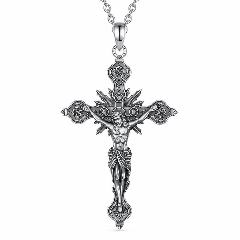 Gothic crucifix necklace in 925 sterling silver with raised Jesus figure, rays, and floral cross ends
