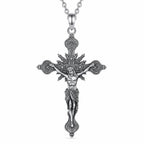 Gothic crucifix necklace in 925 sterling silver with raised Jesus figure, rays, and floral cross ends