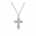 Gothic silver cross necklace with pointed scrolled arms and two rows of moissanite stones on white