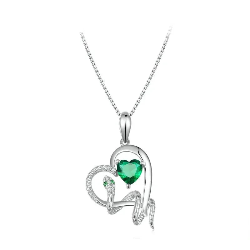 Green heart necklace with snake figure in platinum-plated sterling silver and clear CZ accents