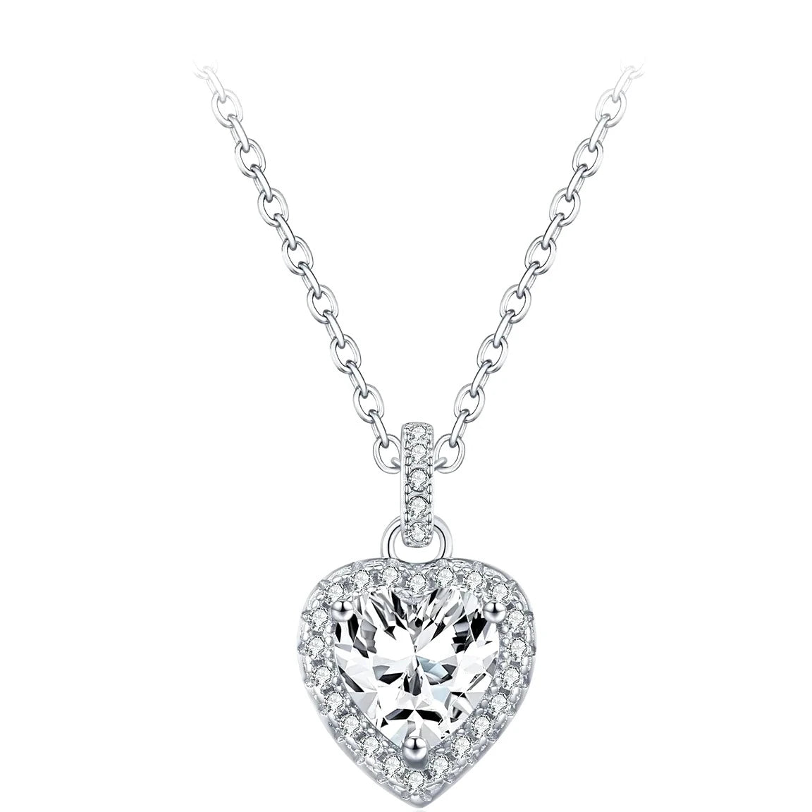 Halo heart necklace with moissanite in 925 sterling silver, featuring a prong-set heart and stone halo
