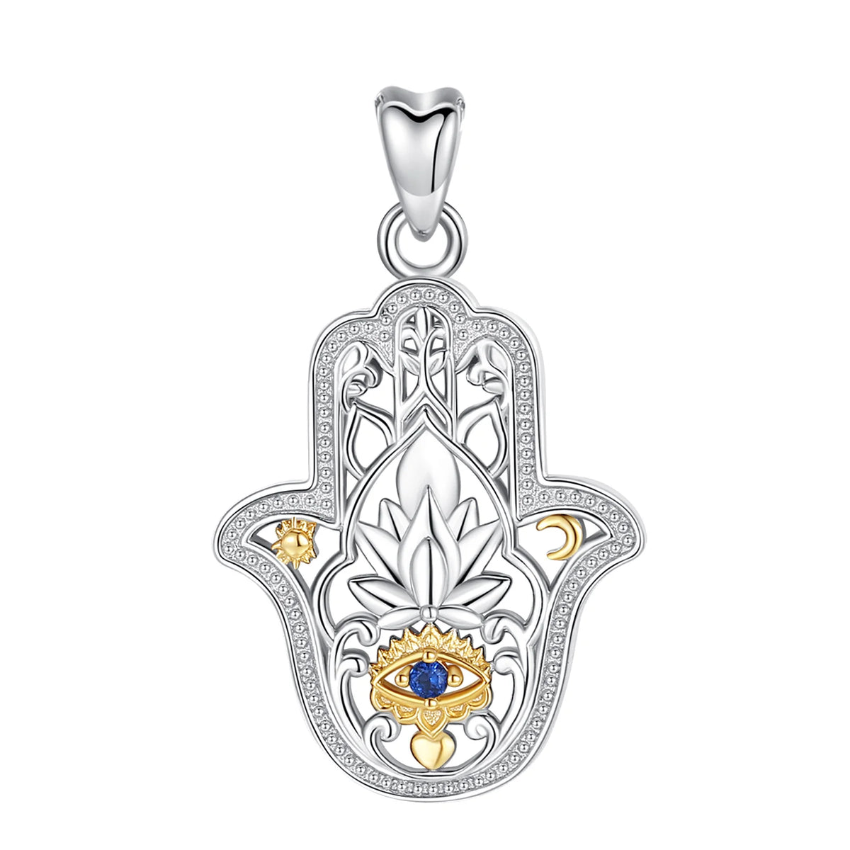 Ornate hamsa hand pendant in 925 sterling silver with a blue eye, lotus, sun and crescent on white