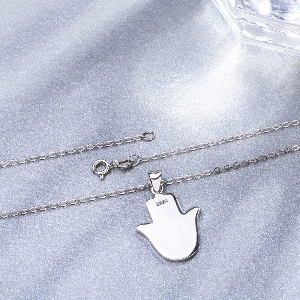 Reverse of the hamsa necklace pendant with smooth back, S925 stamp and spring-ring clasp
