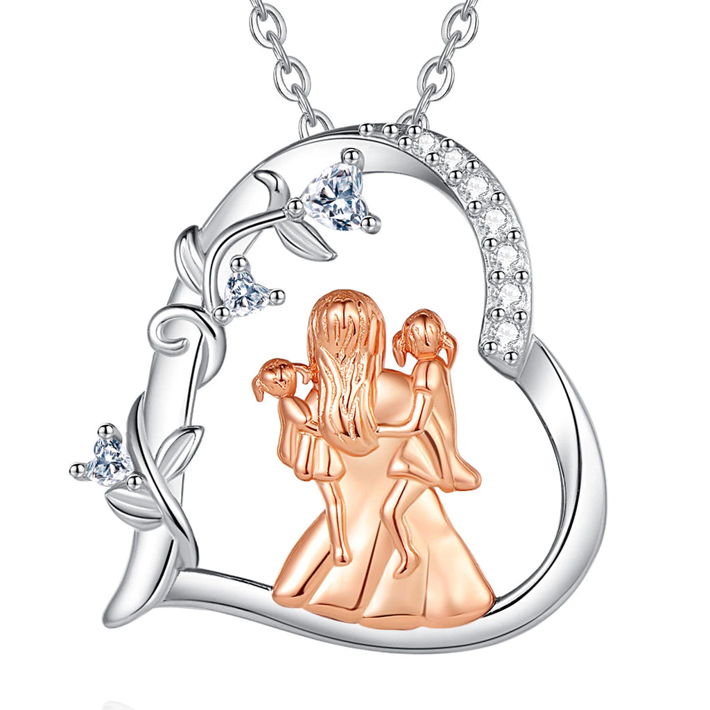 Heart family necklace with an oval-link chain, clear CZ accents, and a curling vine along the left side