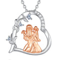 Heart family necklace with an oval-link chain, clear CZ accents, and a curling vine along the left side
