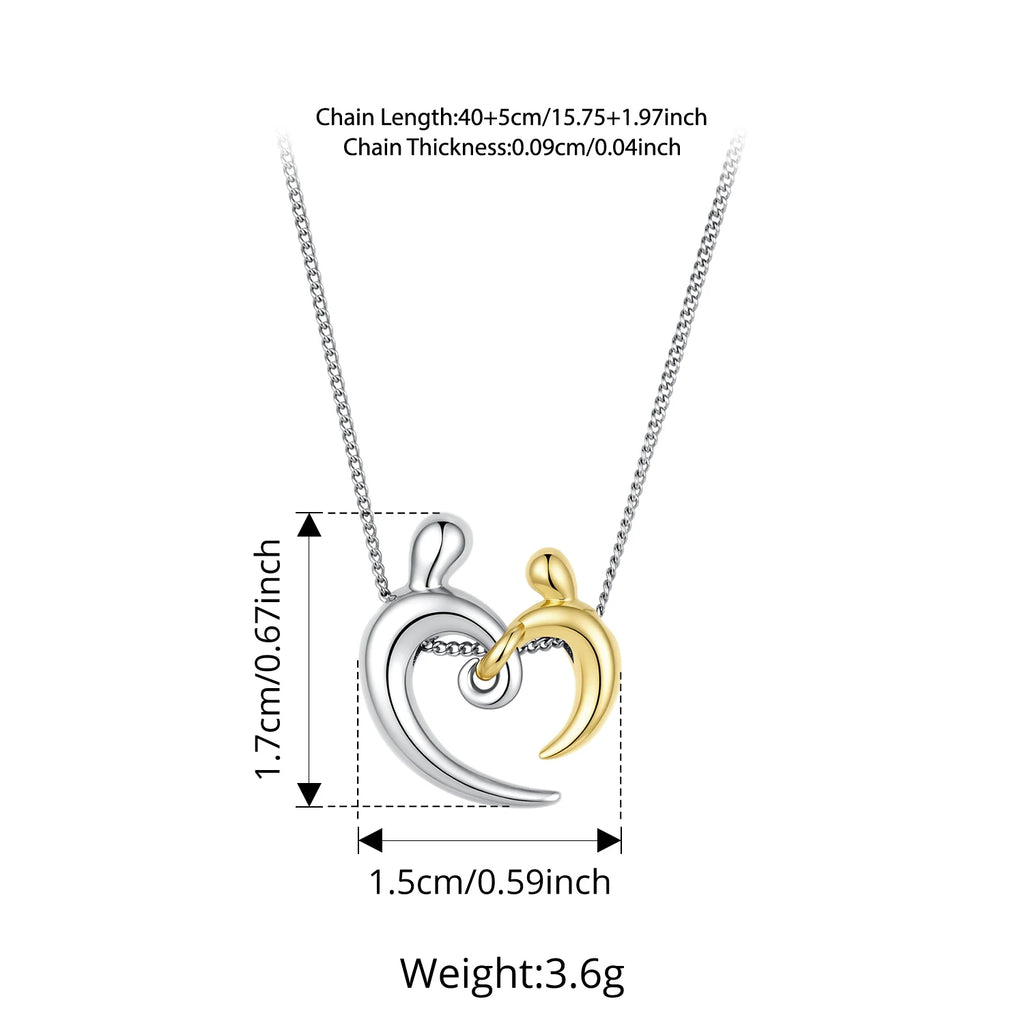 Heart hug necklace size chart showing a 0.67 x 0.59 in (1.7 x 1.5 cm) pendant and 16 in (41 cm) chain with 2 in (5 cm) extender