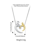 Heart hug necklace size chart showing a 0.67 x 0.59 in (1.7 x 1.5 cm) pendant and 16 in (41 cm) chain with 2 in (5 cm) extender