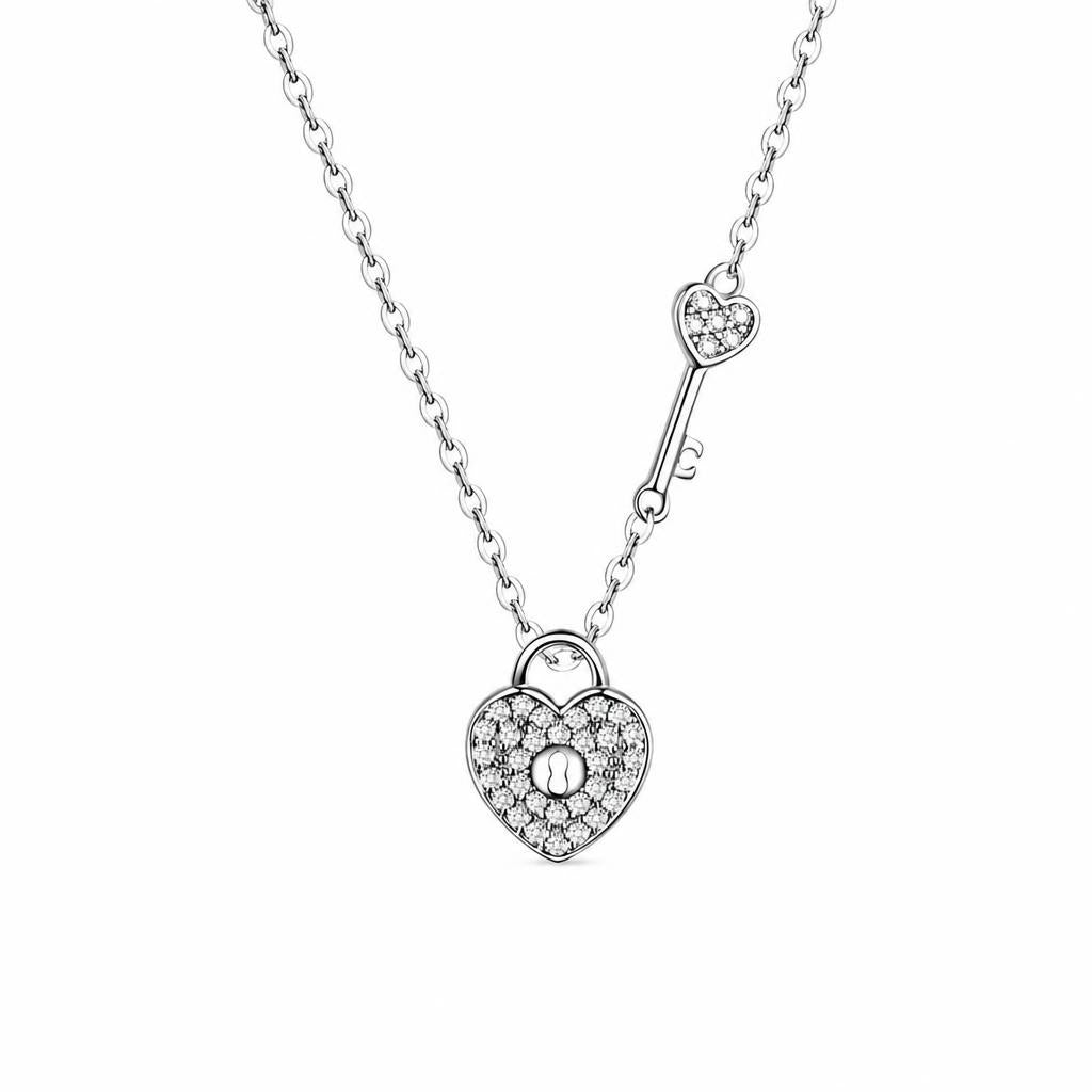 Heart Lock and Key Necklace in 925 Sterling Silver with Pave Face on a plain white background