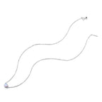 Platinum-plated 925 sterling silver heart necklace laid out to show the fine chain, clasp and opal-look pendant