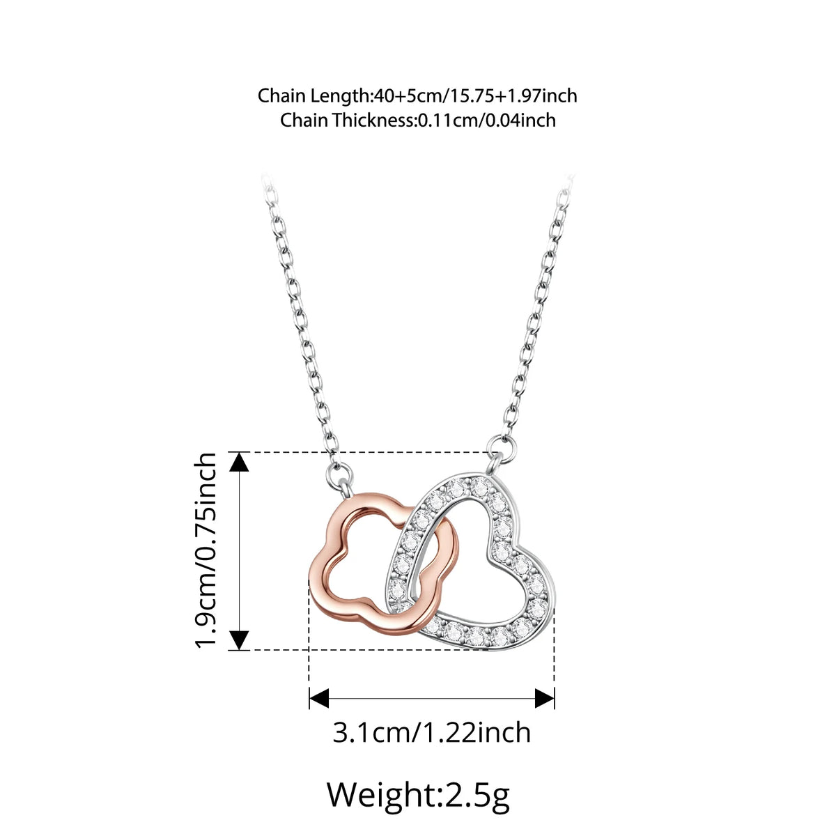 Size chart for the heart necklace with a 0.75 x 1.22 in (1.9 x 3.1 cm) pendant