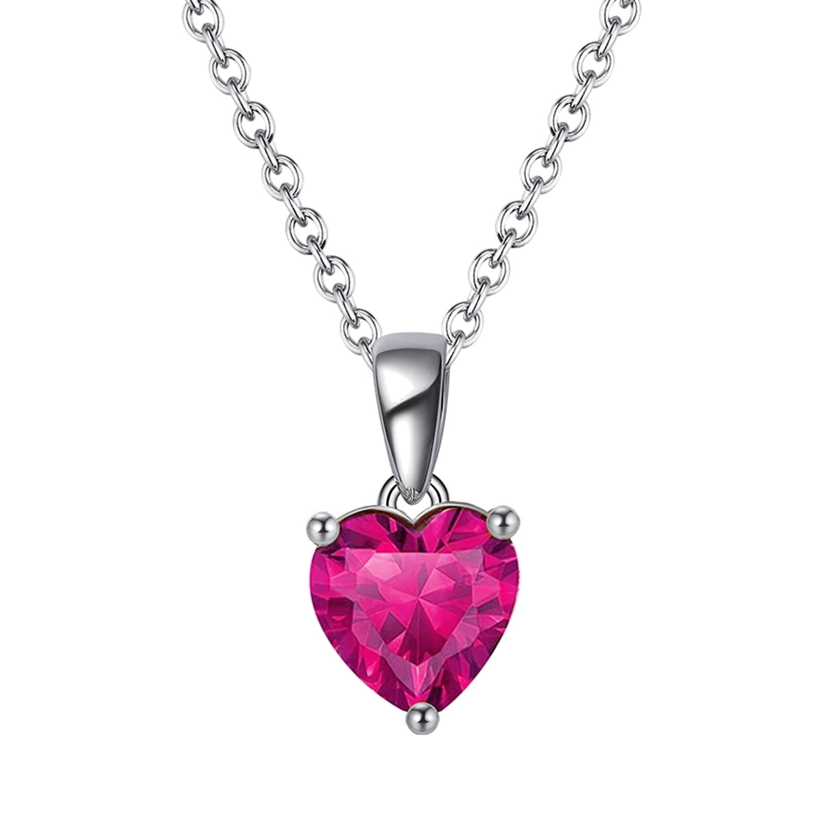 July fuchsia faceted heart pendant necklace on a white background