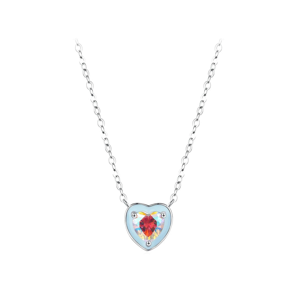 Light blue heart necklace in 925 sterling silver with a multicolored CZ center on a plain background