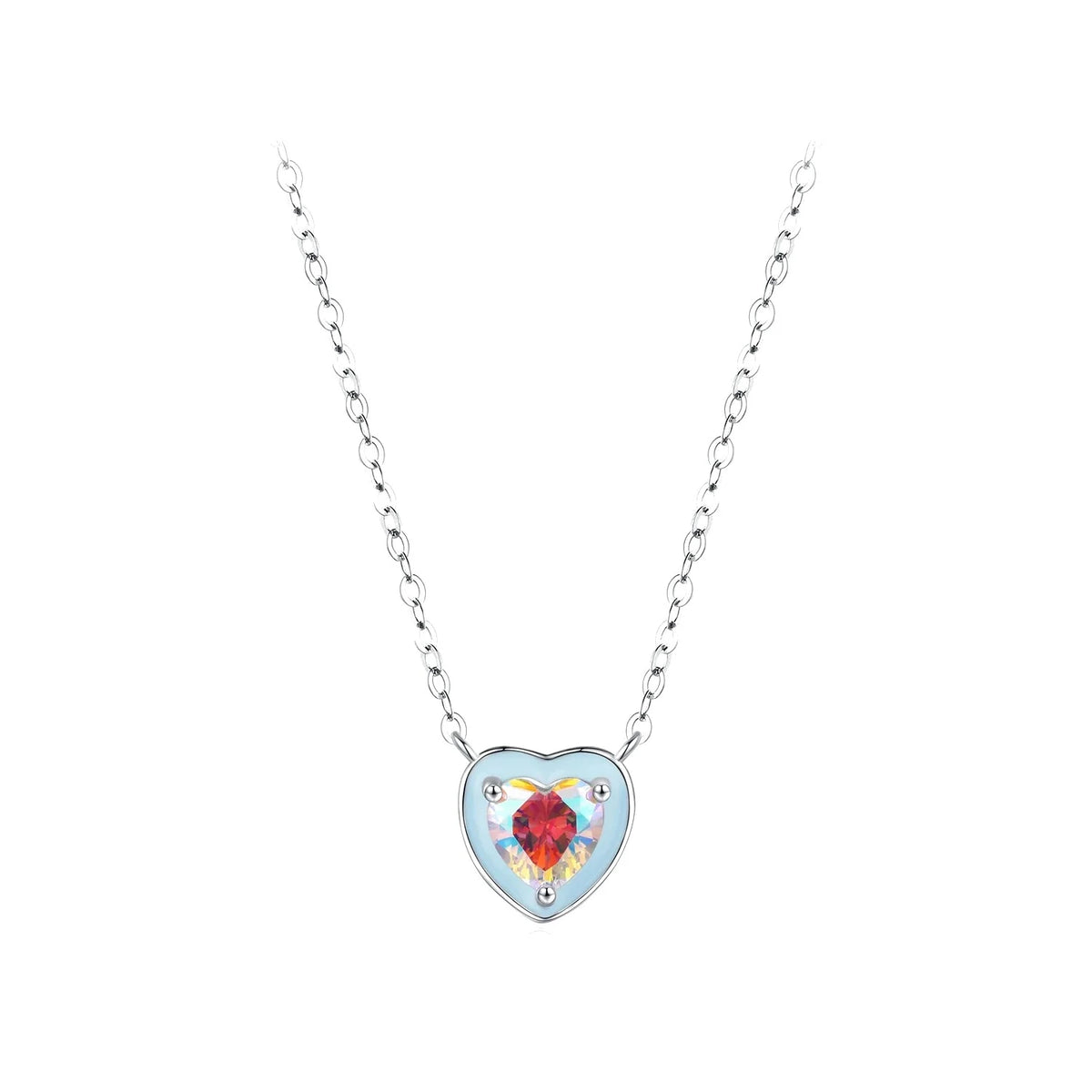 Light blue heart necklace in 925 sterling silver with a multicolored CZ center on a plain background