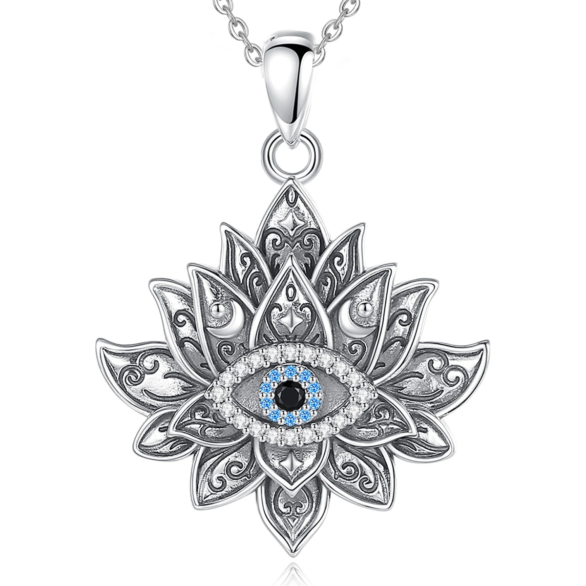 Lotus evil eye necklace in 925 sterling silver with blue, black, and clear CZ stones on white