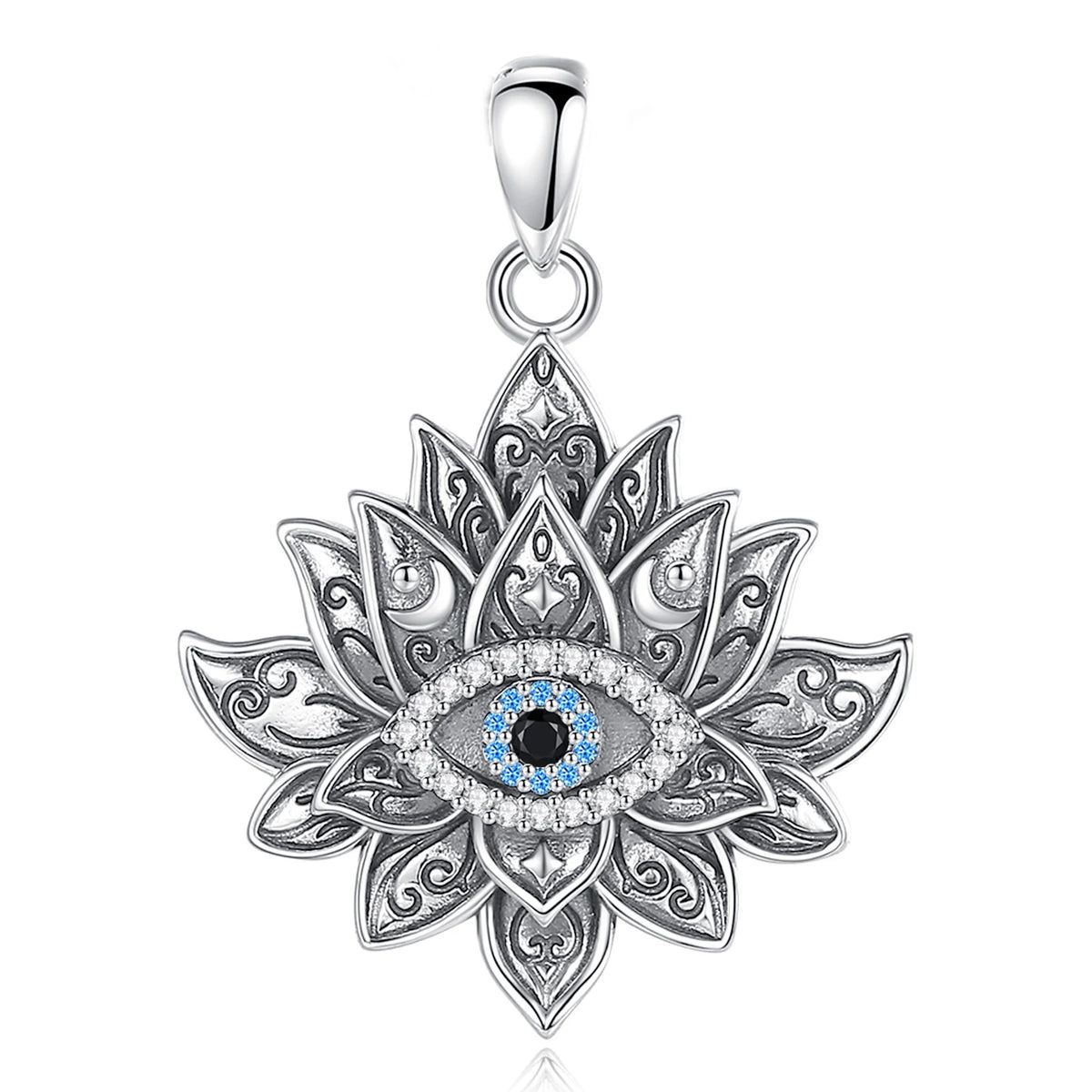 Front view of the 925 sterling silver lotus pendant with clear CZ border and blue evil eye