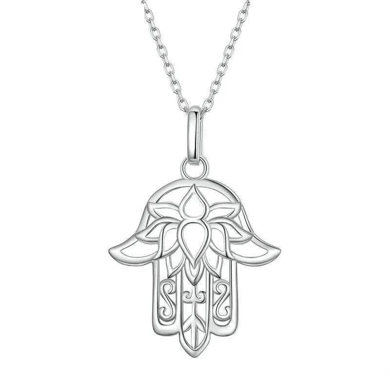 Lotus hamsa hand necklace in platinum-plated 925 sterling silver with openwork petals on white